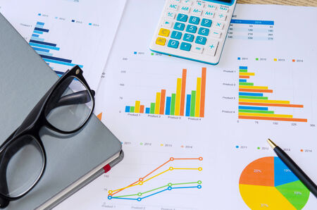 Financial papers, book and office supplies closeupの写真素材