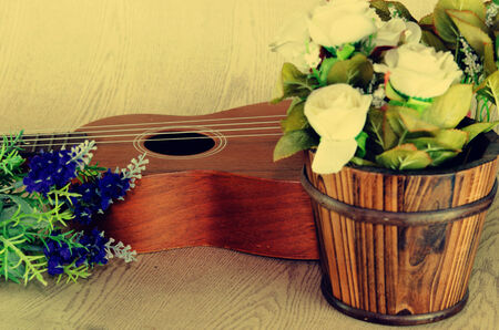 Acoustic guitar, ukulele and a vintage floral.の写真素材