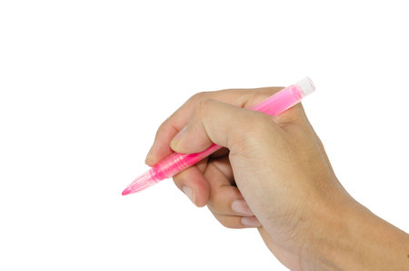 hand with pen marker isolated on whiteの写真素材