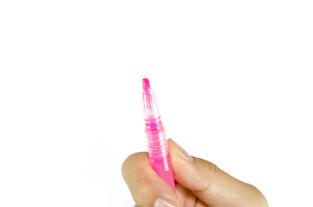 hand with pen marker isolated on whiteの写真素材