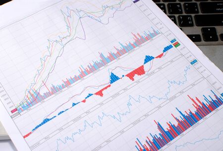 Financial graphs analysis on notebook.の写真素材