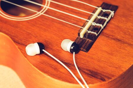 Vintage ukulele on wooden background.の写真素材