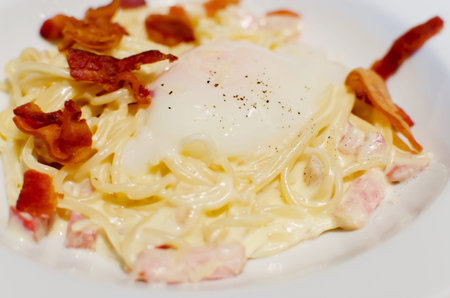 Spaghetti white cream on the dish.の写真素材