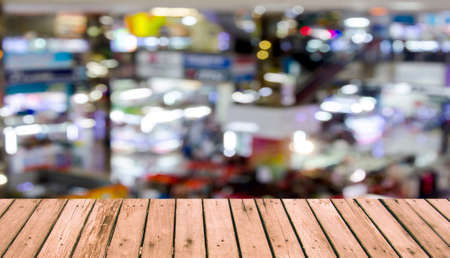 Wood  top with blurred  shopping mall as background.の写真素材