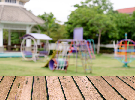 Wood top Blurred playground background. product display template.の写真素材