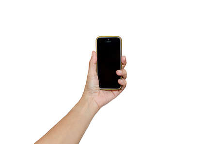 Hand holding smart phone isolated on white backgroundの写真素材