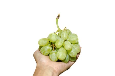 hand holding a bunch of green grapes, Isolated on white background.の写真素材