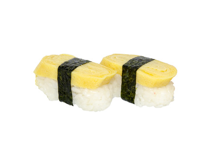 Tamago sushi. Tamago yaki is sushi using an egg, like a sushi omelette.の写真素材