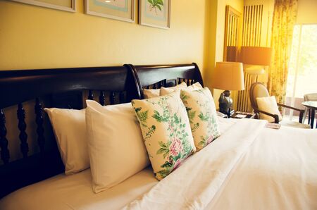 pillows on a bed Comfortable soft pillows on the bed. Tone vintage.の写真素材