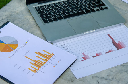 business Financial paper charts and laptop.