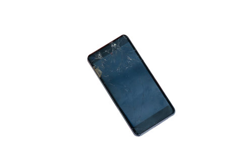 Broken glass phone on the white background.
