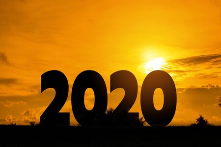 Silhouette Words  2020 beside trees and beautiful sunset lights. Concept for vision happy new year 2020.の写真素材