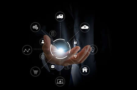 hand holding phone mockup image blank screen for advertising text in supermarket shopping mall background.の写真素材