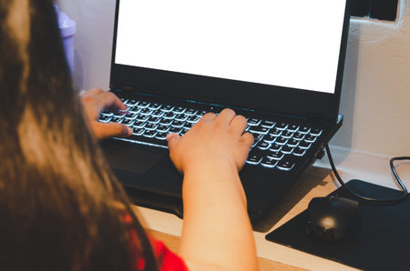 Business woman hand typing computer blank screen mock  up at desk
