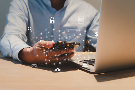 businessman holding a smart phone. Digital technology.Copy space