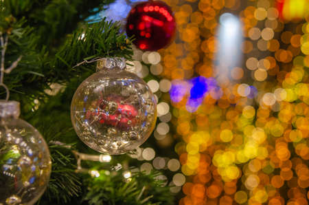 balls decorated with Christmas tree decorations. New year and Christmas festivals. Copy space background.の写真素材
