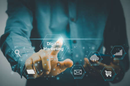 Man hand touching virtual icon business digital marketing. modern Internet technology metaverse, Social Networking, big data online marketing, digital online. Concept technology.の写真素材