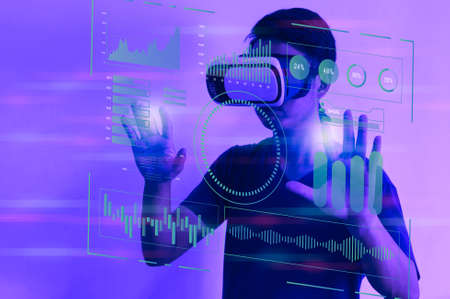 Digital communication and virtual sreen metaverse technology concept WEB 3.0.Man using virtual reality headset virtual reality device.の写真素材