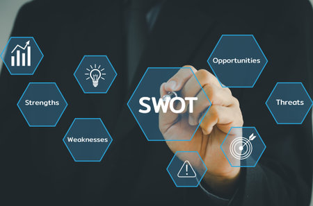 Hand holding pen businessman icon SWOT strengths weaknesses opportunities threats  virtual...