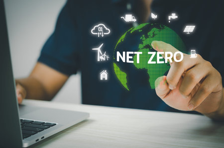 Man hand virtual world icon. NET ZERO icons and symbols save the eco world and reduce pollution...