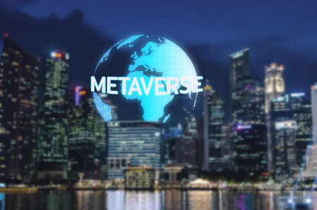 Globe and Metaverse text and office buildings. The concept of modern technology Metaverse Ai on the Internet.の写真素材