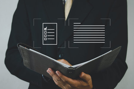 man hand open book digital business document screen virtual concept.の写真素材