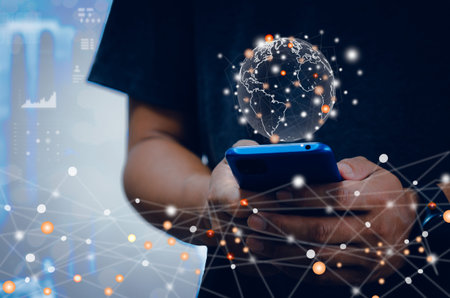 Hand use smartphone global business Internet network connection and social media. Businessman...