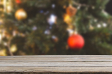 wood table top product empty counter abstract blur background New year and Christmas festive...