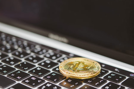 coin currency economy trade market investment digital money crypto bitcoin on keyboard computer...