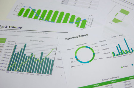 Business document chart report financial and graph statistic analysis management information and...