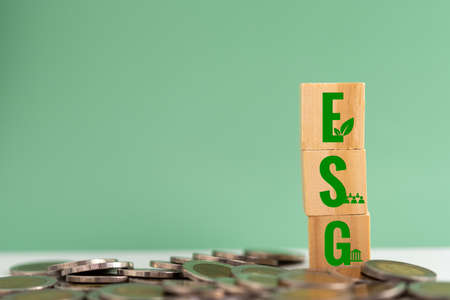 Wood cube block Esg Environmental Social and Governance eco concept of sustainable development of the organization.Investing and management of pollution to reduce global warming.の写真素材