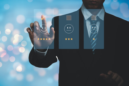 Business satisfaction survey customer service experience concept.Happy Businessman choose to rating checked box on Excellent Smiley Face Rating for a Satisfaction Survey.の写真素材