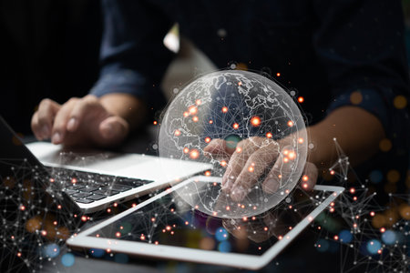 mobile phone Connection to the global network Internet, business, iot, big data technology communication computer innovation online future marketing networking, social development software.の写真素材