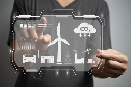 Businessman touching screen virtual icon eco energy sustainable environment digital technology...