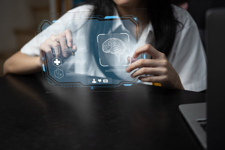 Girls study science and medicine in a modern, technological world of online virtual screens.