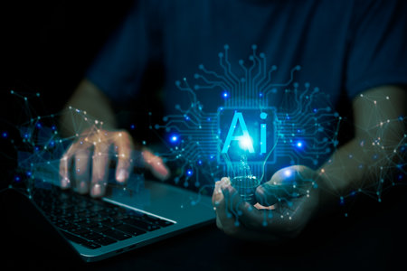 Idea for an AI computer Information and communications technology (IoT) business management solution with artificial intelligence a lightbulb for innovation, a futuristic plan for success.の写真素材