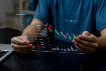 Businessman virtual screen graph stock market indicator currency exchange financial management forex. business profit chart trade growth index economy concept.の写真素材