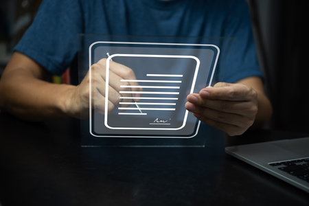 Online business contract Electronic signature, e-signing document digital cyber network.の写真素材