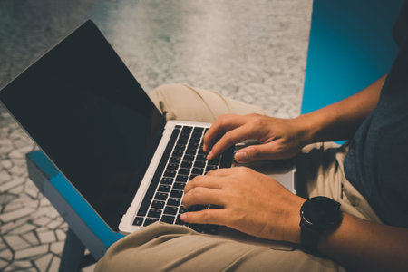 Man using laptop for business technology communication working, typing, and connecting to the...