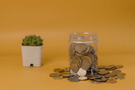 Saving money in the jar Banking finances invest in insurance and retirement funds and cactus on yellow background.の写真素材