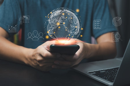 Hands of business holding global digital Technology education online networking and data exchanges connection icon virtual concept.の写真素材