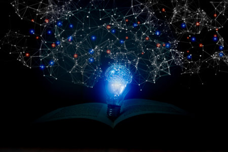 Light bulb on open book with virtual brain and connection line network education concept.creative thinking idea innovation strategy.の写真素材