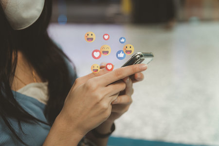 woman using mobile smart phone Social media chat message and Marketing network internet online...