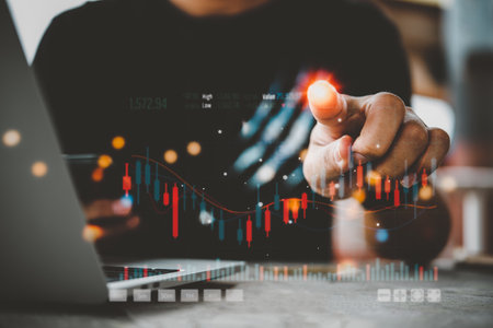 Businessman touching virtual screen graph stock market indicator currency exchange financial management forex. business profit chart trade growth index economy concept.の写真素材