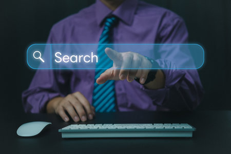 Man use computer to Searching for information.Search On Virtual Screen Data Search Technology Search...