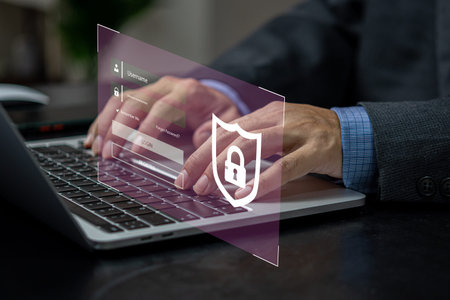 user login to computer by username and password, cyber security concept, Hands typing and entering...
