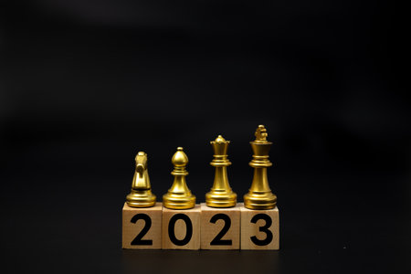 Chess on wood cube text 2023 new year.Business investment strategy growth success concept.の写真素材