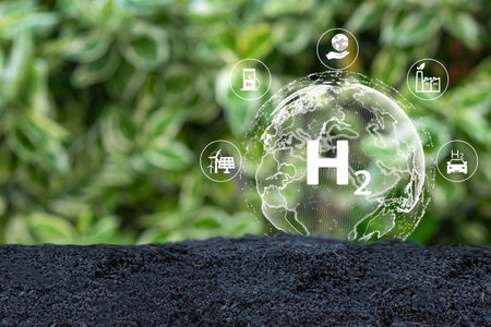 Concept for clean hydrogen energy. The environment friendly industry, and alternative energy. Future climate-friendly energy solutions for achieving net zero greenhouse gas emissions.の写真素材