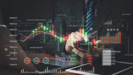 Stock market graph and indicator, candlestick chart and stock trading computer screen.Business...