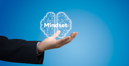 hand brain virtual screen mindset icon. use in educational materials, motivational posters, or as a visual representation concept. Copy space background.の写真素材